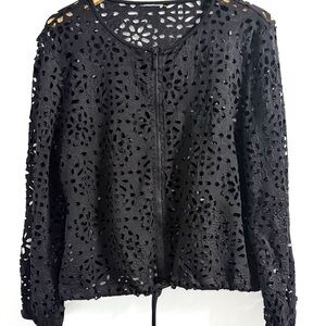 Black Floral Cutwork Zip Jacket Women’s M Lightweight Layer